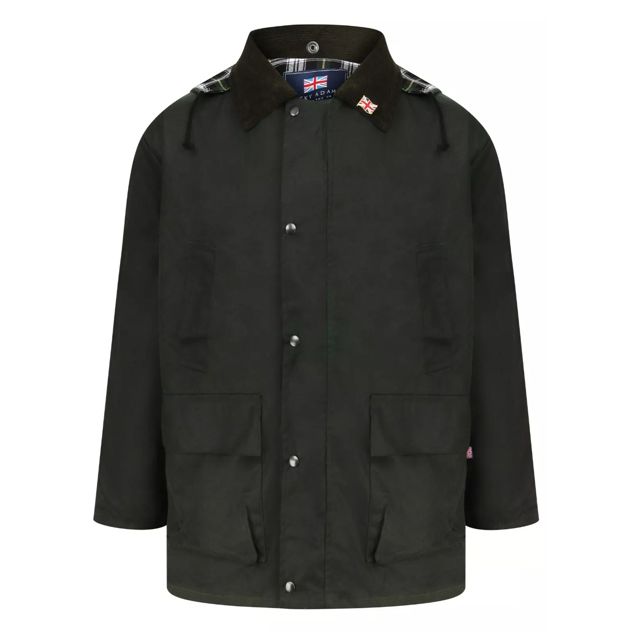 Men's Nicky Adams classic wax jacket in green with corduroy collar, front pockets and water-resistant finish